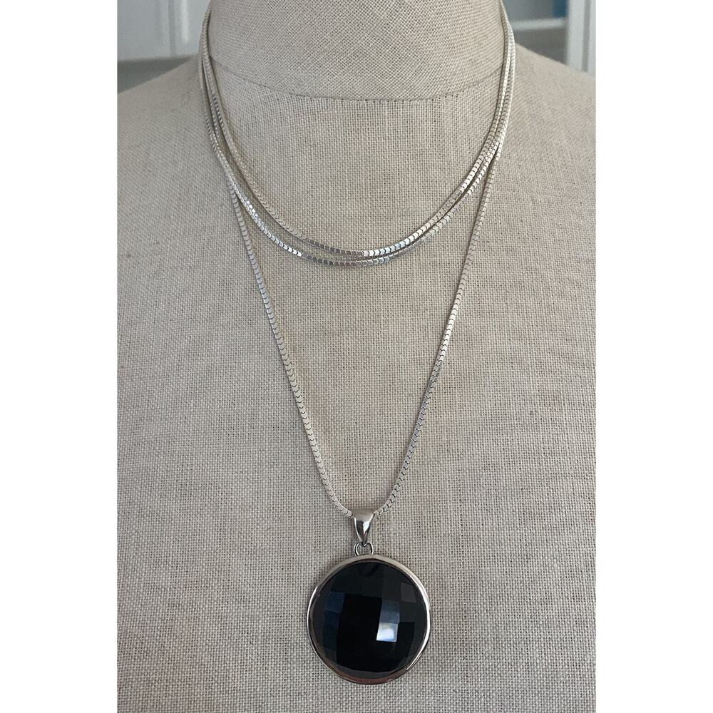 ITAOR ITALY STERLING SILVER AND FACETED ONYX ROUND CHAIN NECKLACE LONG